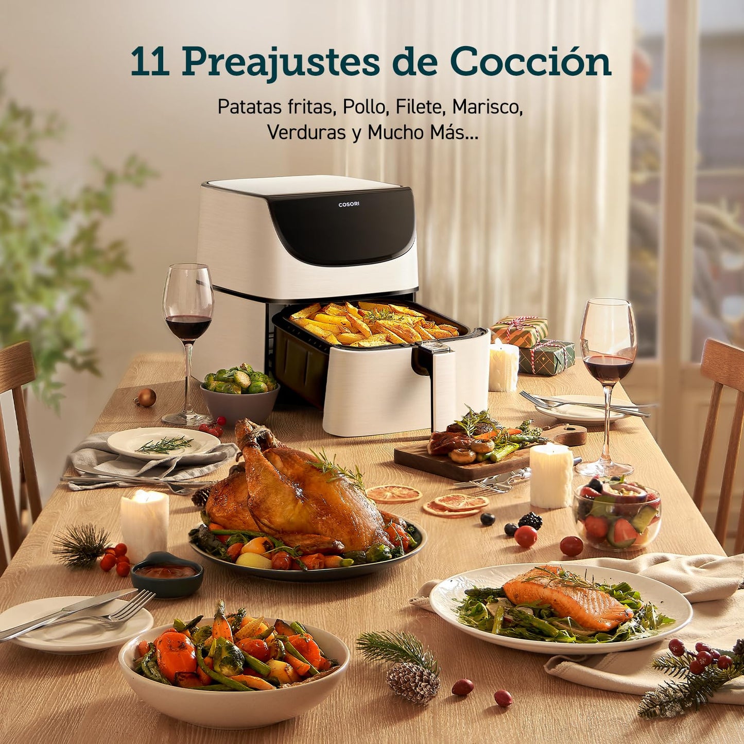 COSORI Freidora de Aire Duradera 5,5L Air Fryer 1700W, Tecnología Rapid Air, 55% Menos Energía, 13 Automáticos Modos,Uso Fácil, LED Panel Táctil, Acero Inox Interior, Hasta 205ºC y 60 Min, Blanca