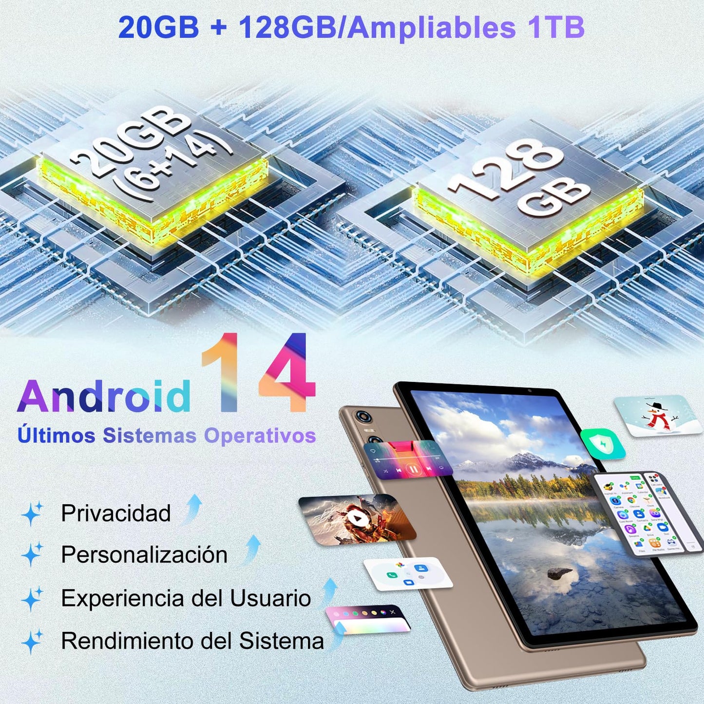 Biegedy Tablet 10 Pulgadas Android 14, 20GB RAM + 128GB ROM + TF 1GB, Dual Band WiFi 6, Widevine L1 / 5 MP + 8 MP / 1280 * 800 / Bluetooth 5.0, Octa-Core 1.8GHz Tablet con Teclado y Raton Oro