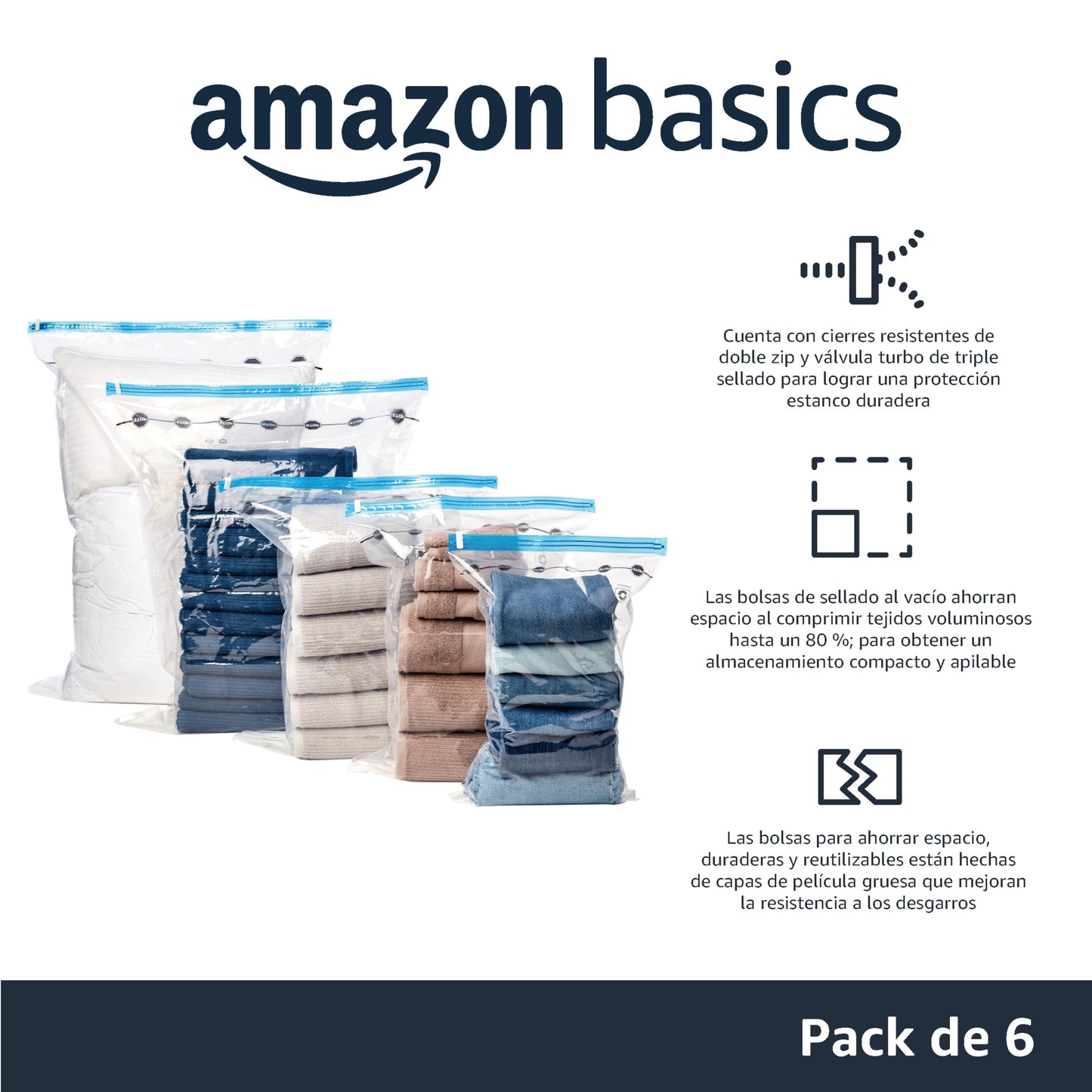 Amazon Basics bolsas de vacío Cremallera para almacenamiento, incluyen boca para aspirador, 6 Unidad (2 extragrandes, 2 grandes y 2 medianas), Transparente