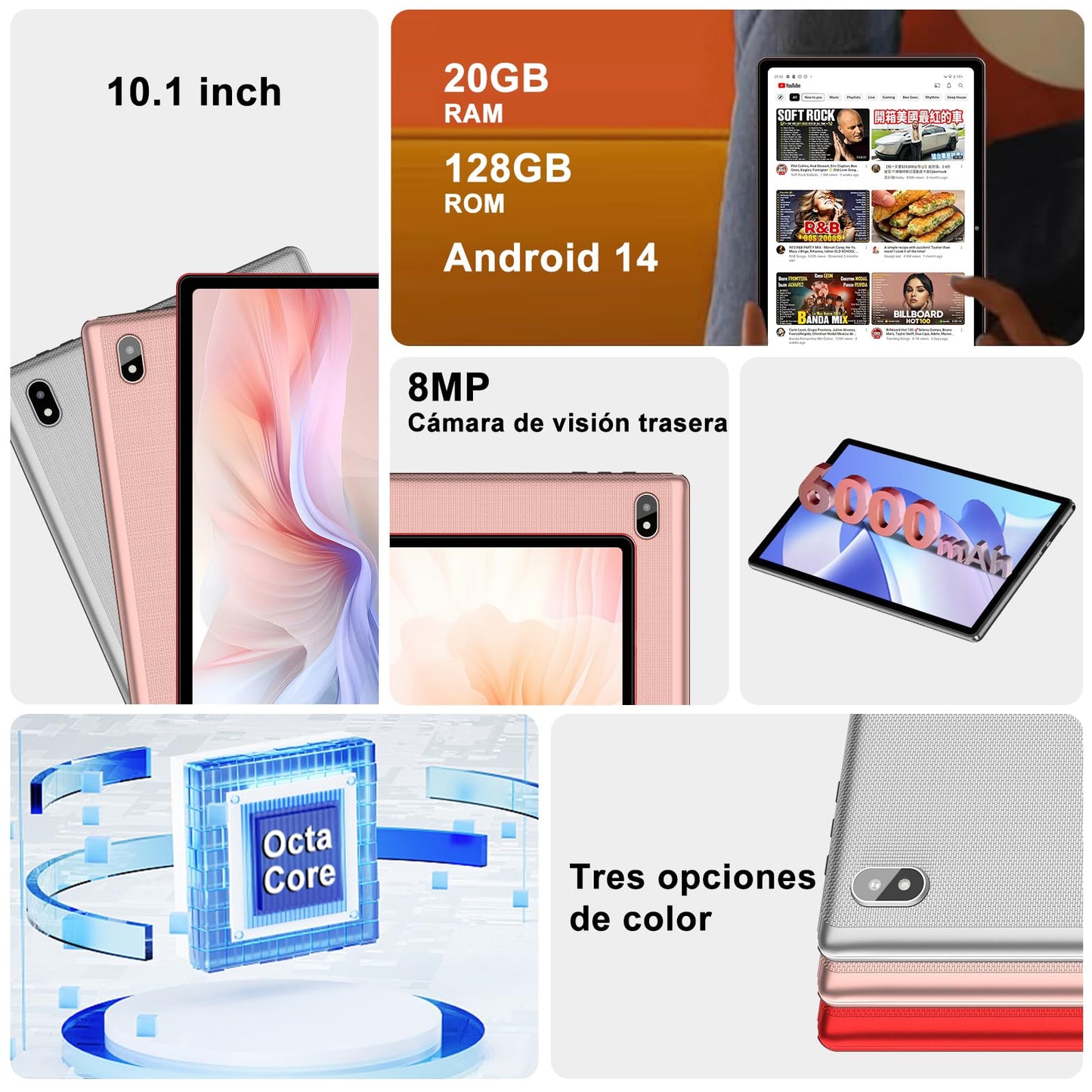 UJJ Tablet 10 Pulgadas Android 14 Tablet Octa-Core, 20GB RAM+128GB ROM (1TB TF), 5G+2.4G Dual Band WiFi 6, Bluetooth 5.0, 5MP+8MP, Widevine L1, HD IPS, Facciale ID, Tablet con Teclado y Raton-Plateado