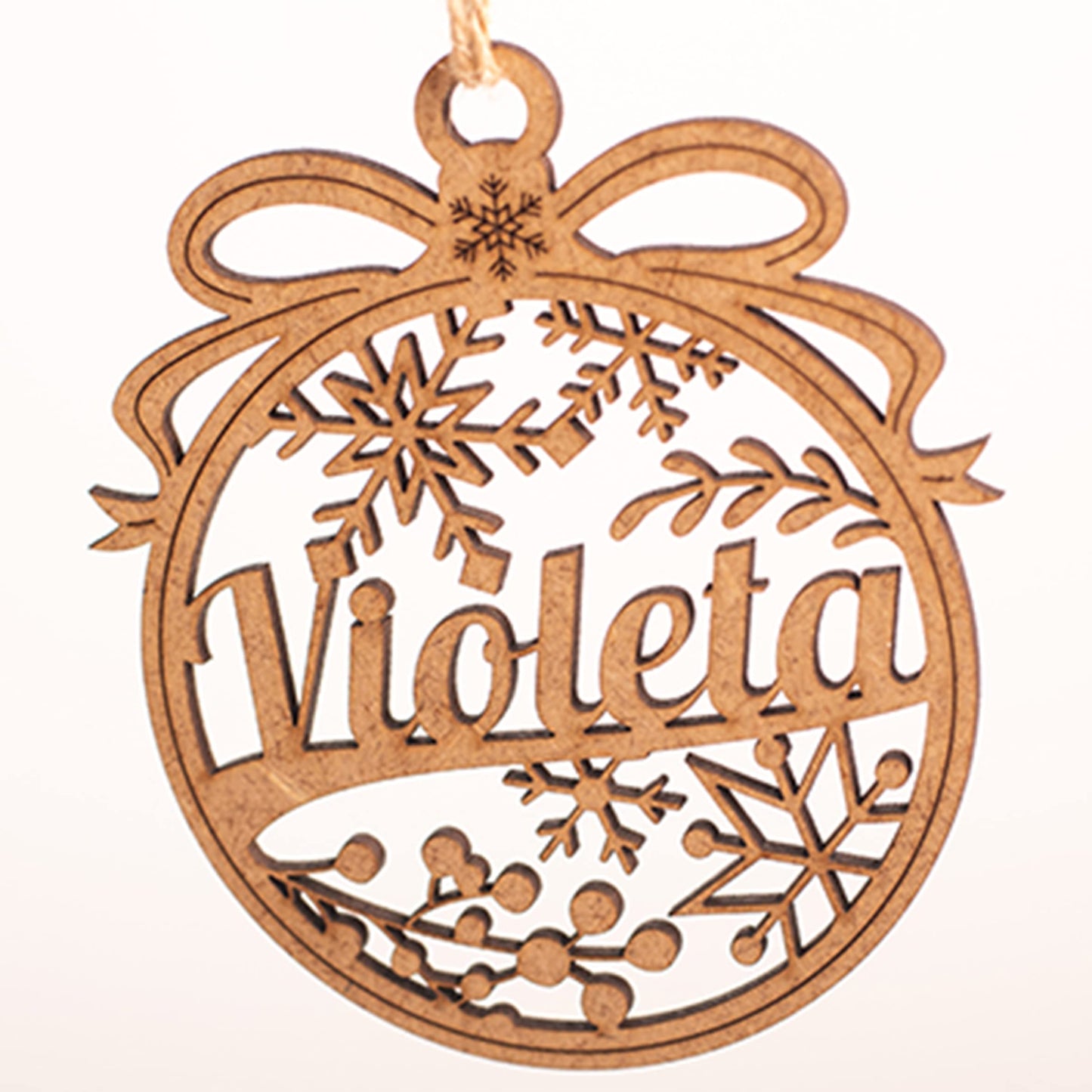 Bolas de Navidad Personalizada - Bolas de Navidad Personalizada con Nombre de Madera - Decoración navideña - Esfera grabada en Madera de máxima Calidad con Cuerda incluida. (Lazo)