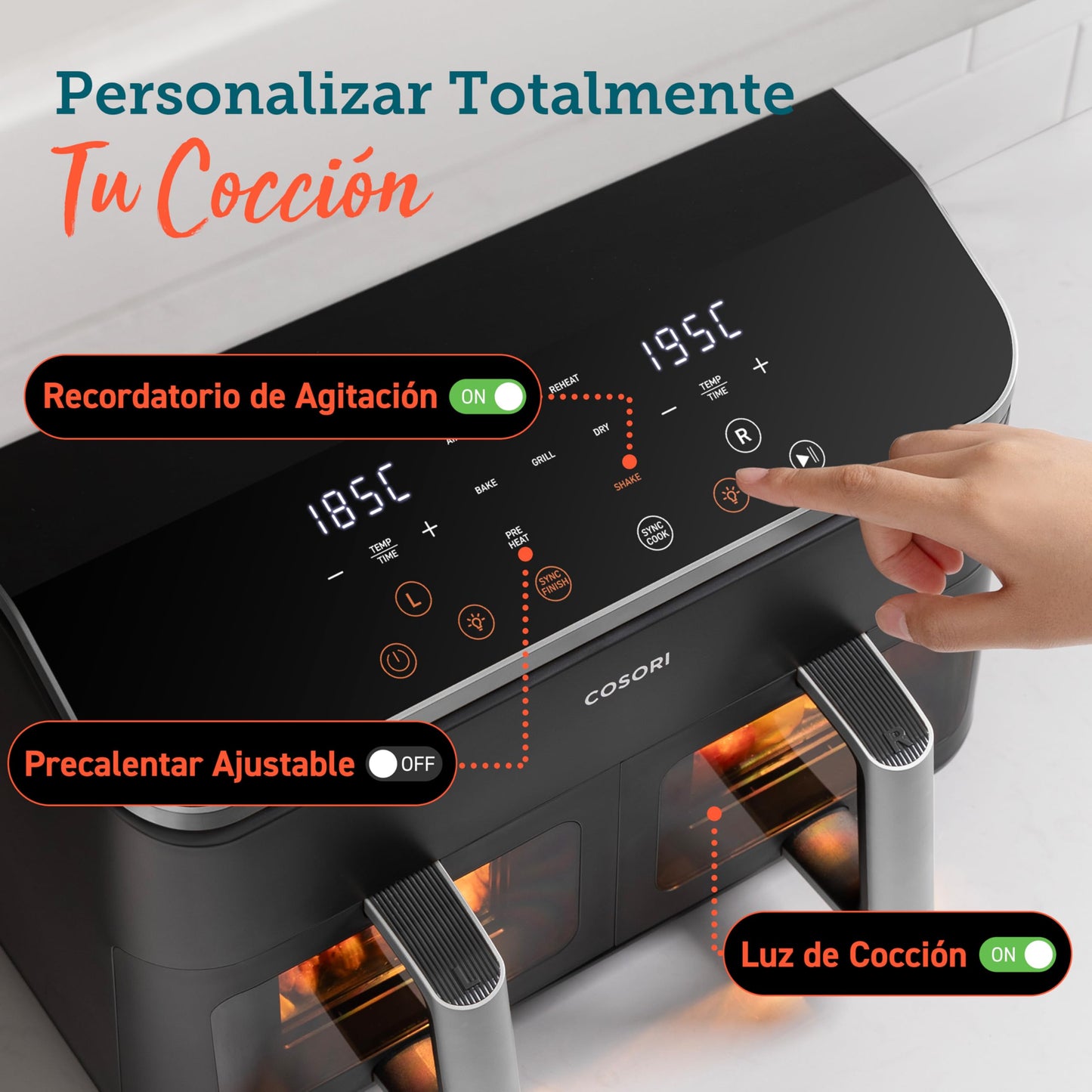 Cosori Freidora de Aire con Doble Cesta 8,5L Air Fryer, Capacidad Adecuada, Más Sano, SYNC Finish, 2-4 Personas, 10 en 1, 35-230℃, Uso Sencillo, Rápido y Crujiente, Acero Inox Interior