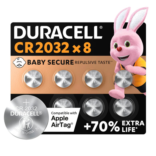 DURACELL CR2032 Pilas de botón de litio 3 V (pack de 8) - Hasta un 70 % extra duración - Tecnología Baby Secure - Recomendadas para Apple AirTag