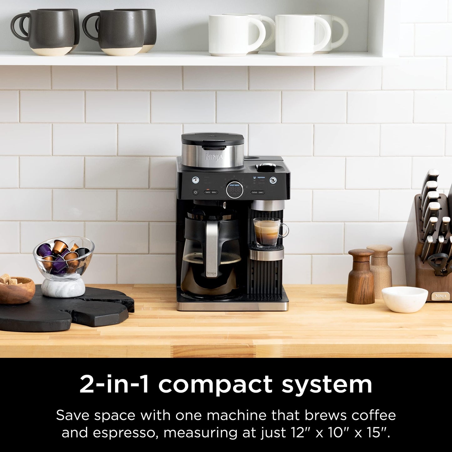 Ninja CFN601 Espresso & Coffee Barista System, 3 Espresso Brew Styles, Single-Serve Coffee & Nespresso Capsule Compatible, 12-Cup Carafe, Built-in Frother, Espresso, Cappuccino & Latte Maker - Black