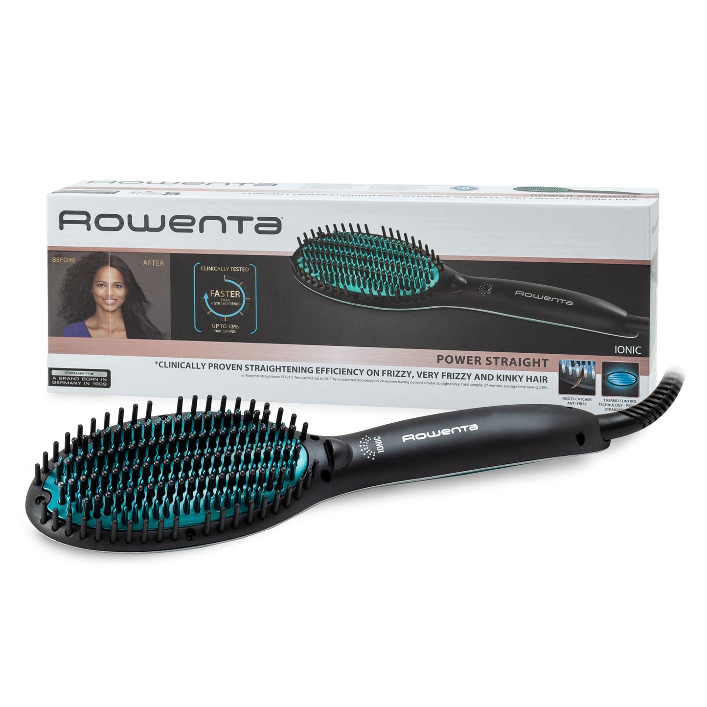 Rowenta Cepillo alisador Power Straight CF5820F0 - Cepillo especial para cabello muy rizado, con generador de iones y temperatura regulable hasta 200º, púas de gran sujeción desde la raíz