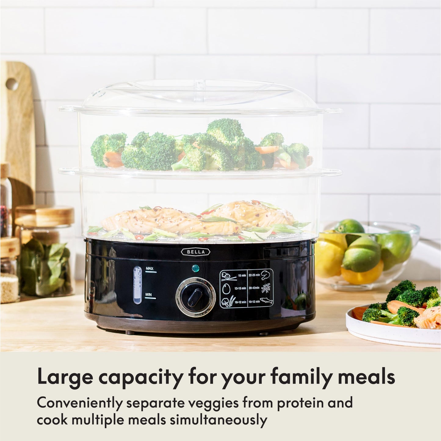 BELLA Two Tier Food Steamer with Dishwasher Safe Lids and Stackable Baskets & Removable Base for Fast Simultaneous Cooking - Auto Shutoff & Boil Dry Protection, Stainless Steel, 7.4 QT, Black