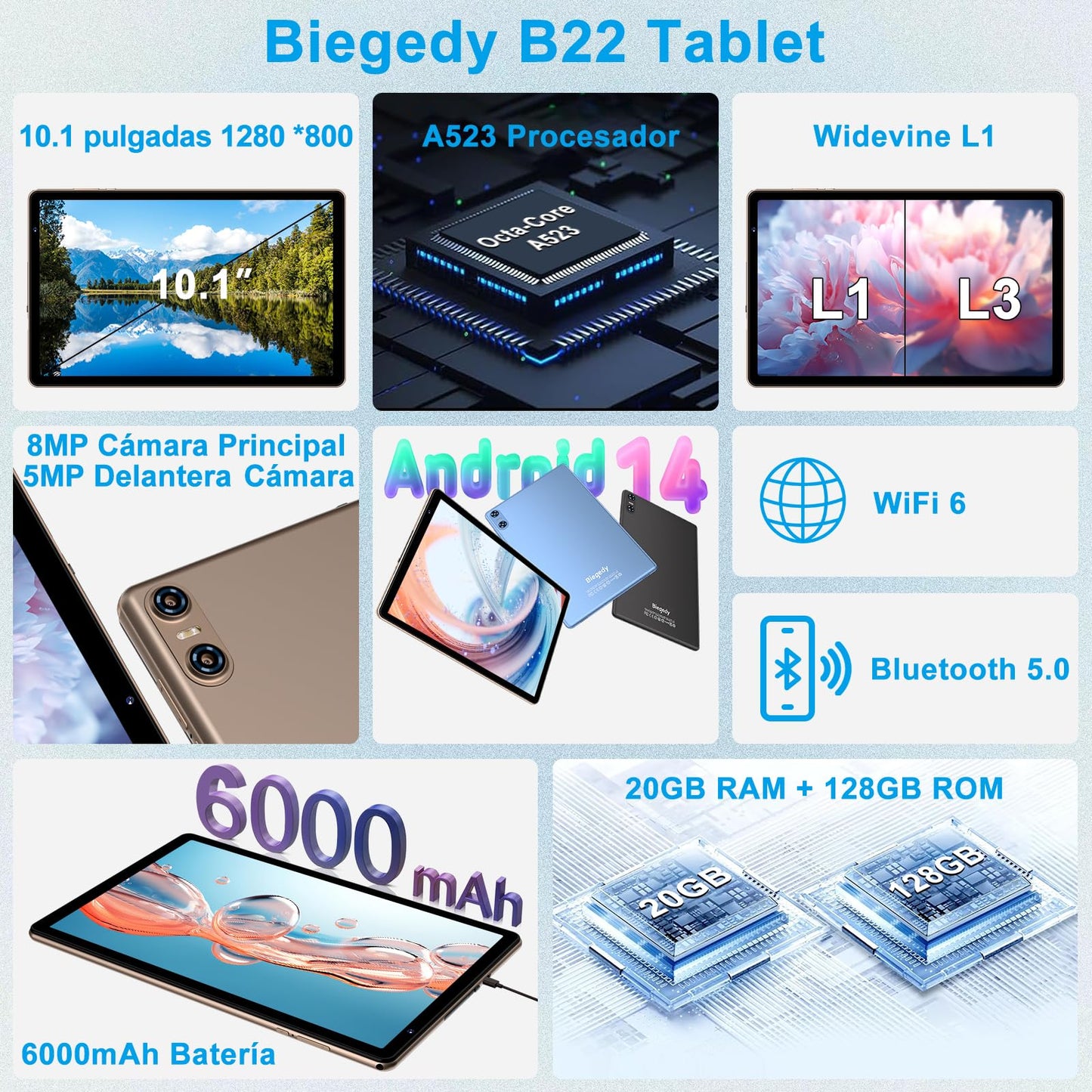 Biegedy Tablet 10 Pulgadas Android 14, 20GB RAM + 128GB ROM + TF 1GB, Dual Band WiFi 6, Widevine L1 / 5 MP + 8 MP / 1280 * 800 / Bluetooth 5.0, Octa-Core 1.8GHz Tablet con Teclado y Raton Oro