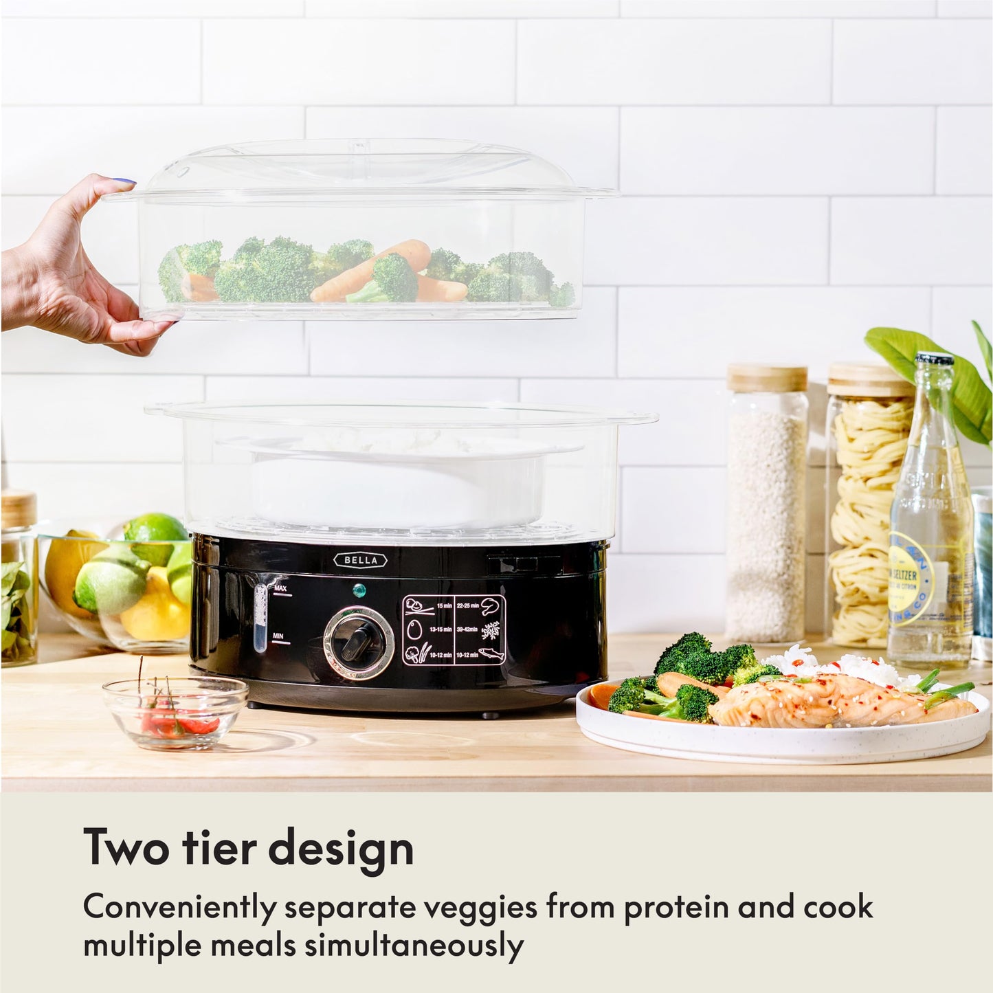 BELLA Two Tier Food Steamer with Dishwasher Safe Lids and Stackable Baskets & Removable Base for Fast Simultaneous Cooking - Auto Shutoff & Boil Dry Protection, Stainless Steel, 7.4 QT, Black