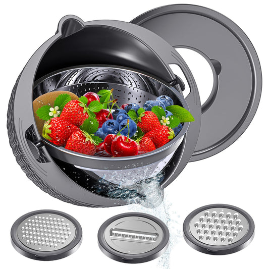 4-1 Colander with Bowl Set - Colander for Kitchen - Strainers and Colanders - Pasta Strainer - Bowl With Colander - Rice Strainer Fruit Cleaner Veggie Wash Kitchen Essentials, Grey