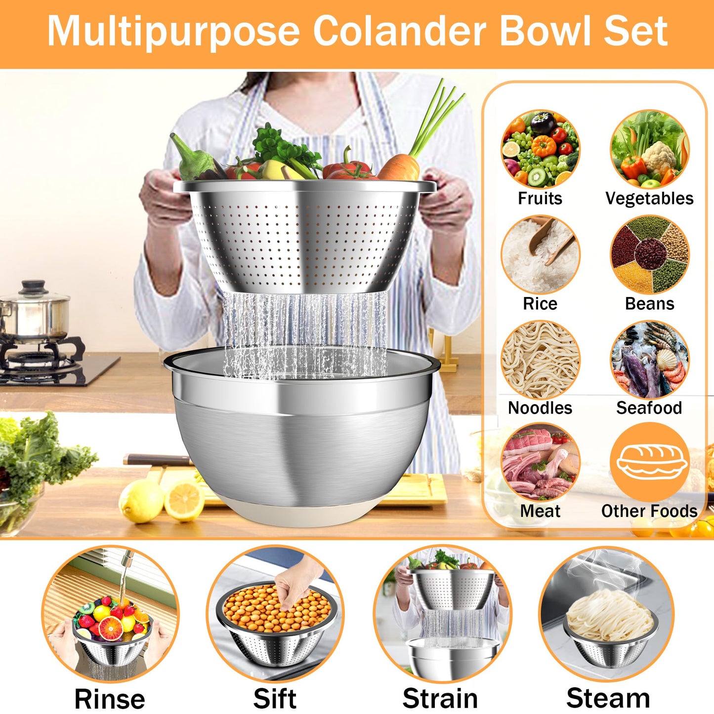 Mixing Bowls with Airtight Lids, Stainless Steel Mixing Bowl Set with 3 Metal Nesting Bowls, Colander & Grater, Non-Slip Bottoms, Size 1.5, 2.5, 6 QT, Great for Mixing & Serving, Khaki