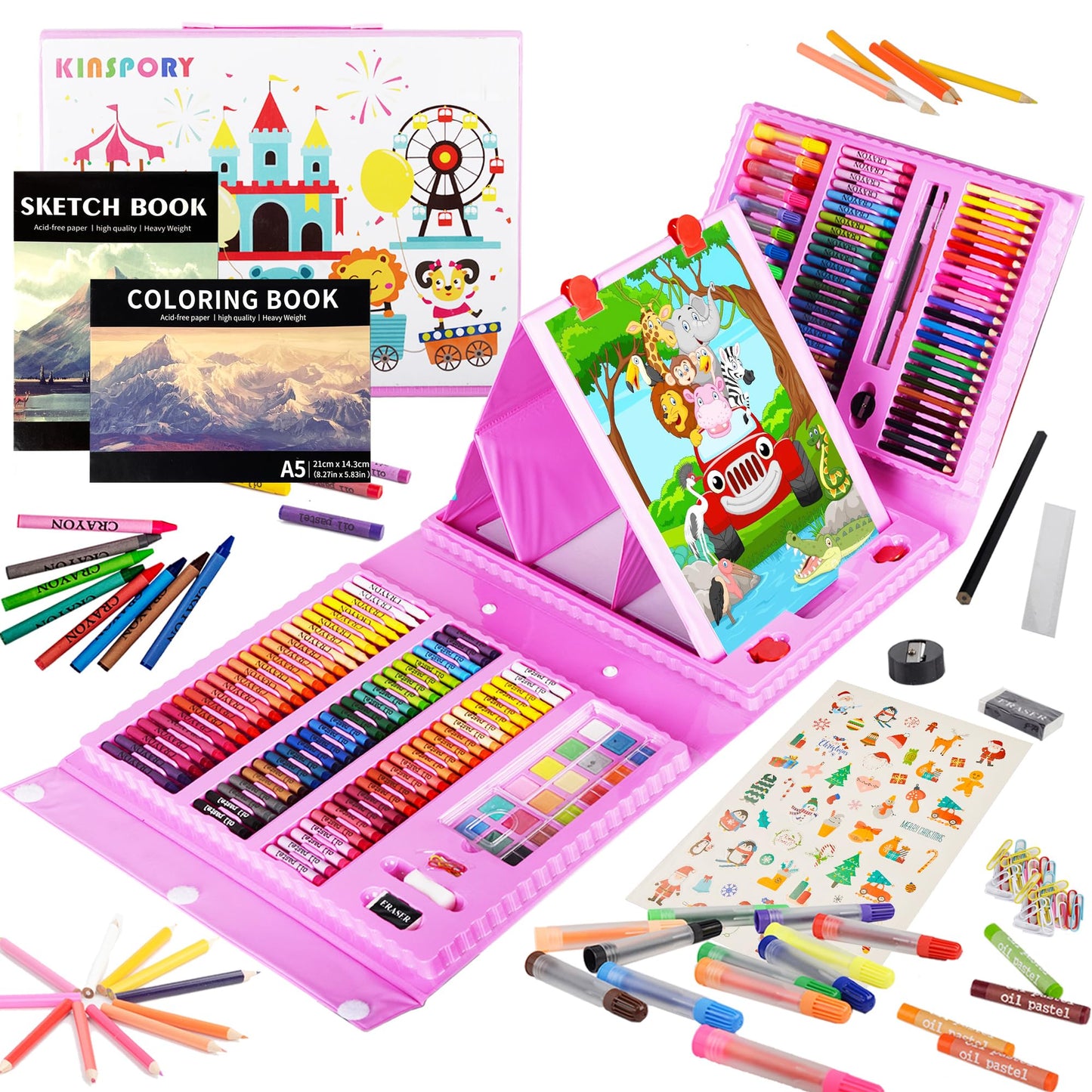 KINSPORY 290 piezas Maletin Pinturas para Niños, Juegos de Dibujo, Pinturas para Niños, Acuarelas Niños, Lapices de Dibujo, Caballete Pintura