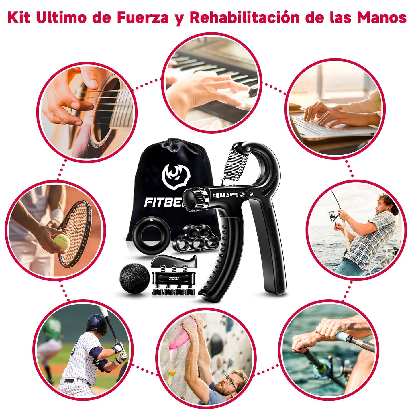 FitBeast Hand Grip para Antebrazo Ejercitar – Paquete de 5 Piezas, Fortalecedor de Agarre de Manos Ajustables, Ejercitador de Manos, Para Estirar Los Dedos, Anillo para Entrenar y Pelota Anti Estrés