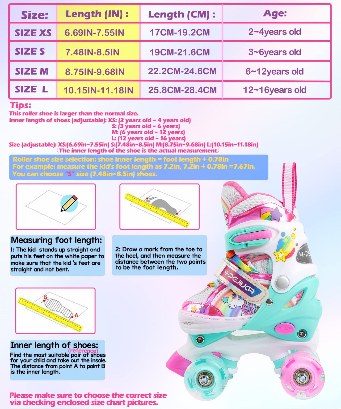 Patines Unicornio para Niños Patines Roller Quad Ajustables con Ruedas Luminosas para Niñas y Niños Principiantes