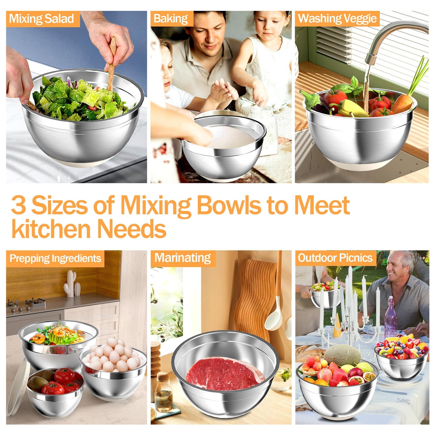 Mixing Bowls with Airtight Lids, Stainless Steel Mixing Bowl Set with 3 Metal Nesting Bowls, Colander & Grater, Non-Slip Bottoms, Size 1.5, 2.5, 6 QT, Great for Mixing & Serving, Khaki