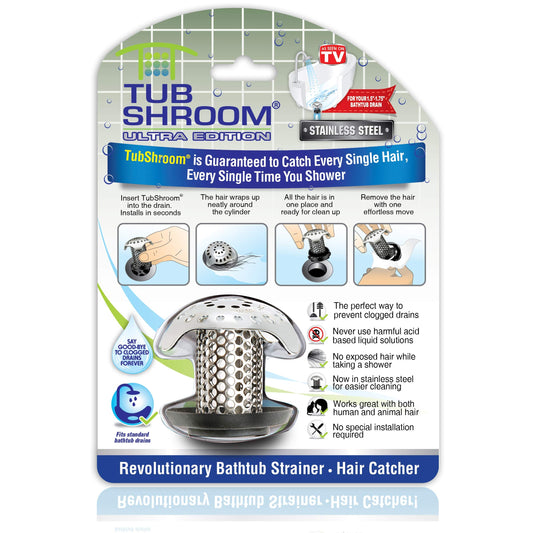 TubShroom Ultra Revolutionary Bath Tub Drain Protector Hair Catcher/Strainer/Snare Stainless Steel, 1-Pack, Silver