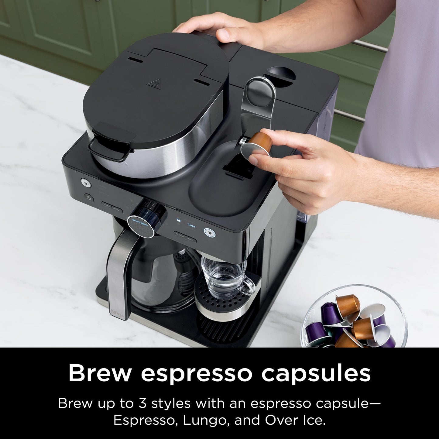 Ninja CFN601 Espresso & Coffee Barista System, 3 Espresso Brew Styles, Single-Serve Coffee & Nespresso Capsule Compatible, 12-Cup Carafe, Built-in Frother, Espresso, Cappuccino & Latte Maker - Black