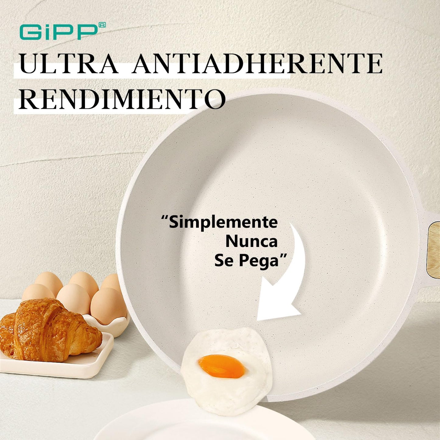 GiPP Sartén antiadherente - sartén antiadherente de granito, sartén de cocina no tóxica, bandeja de huevo frito con mango refrigerado, fácil de limpiar, compatible con la inducción (Blanco, 24cm)