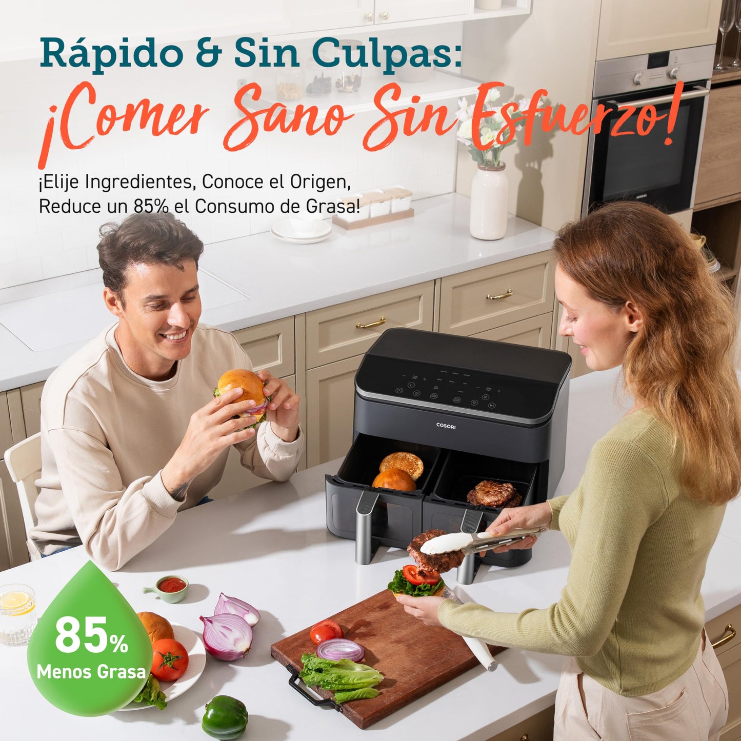 Cosori Freidora de Aire con Doble Cesta 8,5L Air Fryer, Capacidad Adecuada, Más Sano, SYNC Finish, 2-4 Personas, 10 en 1, 35-230℃, Uso Sencillo, Rápido y Crujiente, Acero Inox Interior