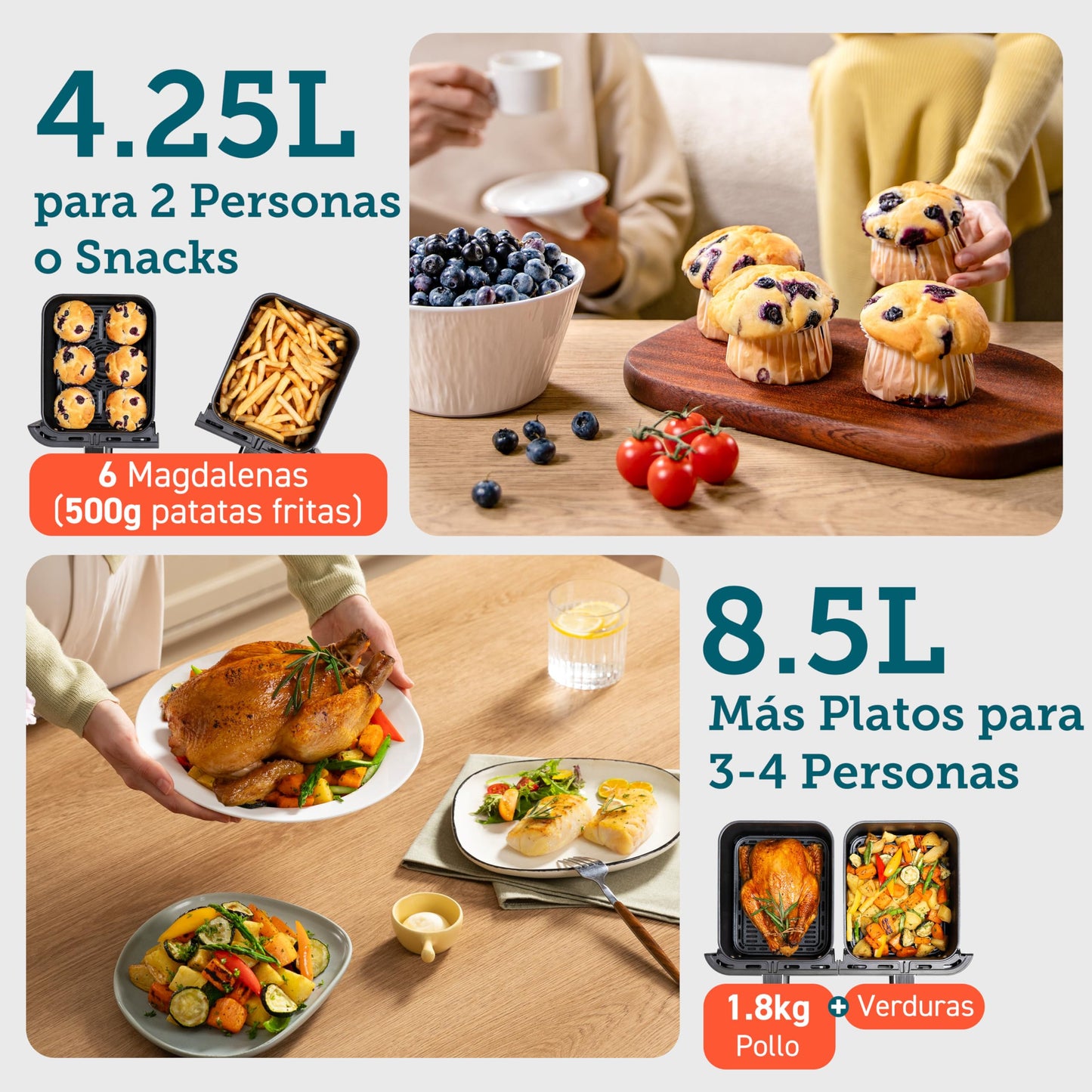 Cosori Freidora de Aire con Doble Cesta 8,5L Air Fryer, Capacidad Adecuada, Más Sano, SYNC Finish, 2-4 Personas, 10 en 1, 35-230℃, Uso Sencillo, Rápido y Crujiente, Acero Inox Interior