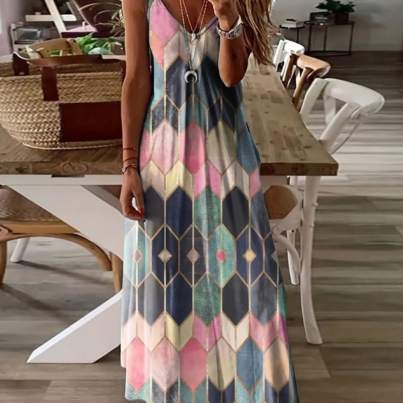 Women's Casual Fashion Loose V Neck Spaghetti Straps Long Dress Fresh Flower Print Maxi Dress Summer Beach Vacation Long Dress