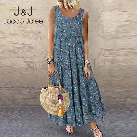 Jocoo Jolee Bohemian Maxi Dress Women Casual Vintage Sleeveless O Neck Floral Print Loose Long Dress Oversized Beach Sundress