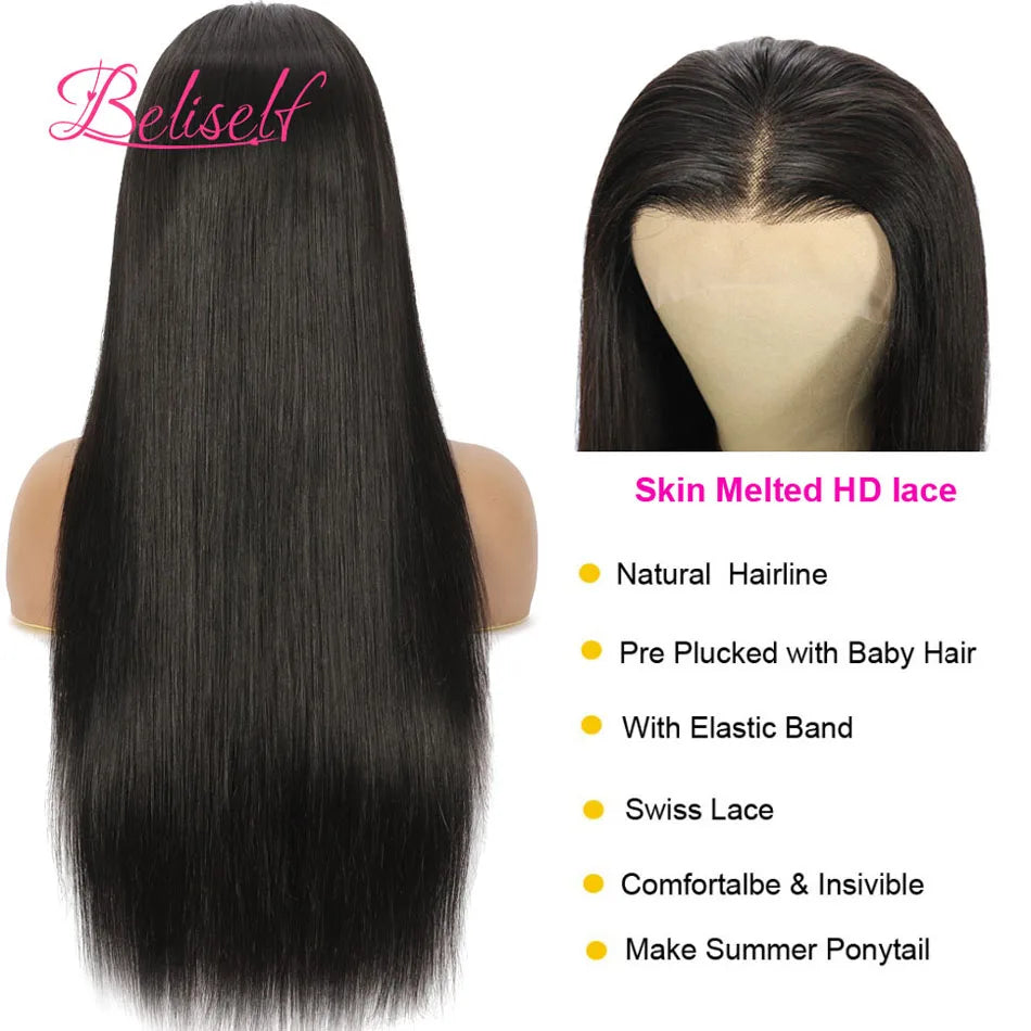 HD Transparent Lace Front Human Hair Wig 13x4 13x6 Straight Frontal Wig Pre Plucked 5x5 HD Lace Closure Wig Beliself Hair