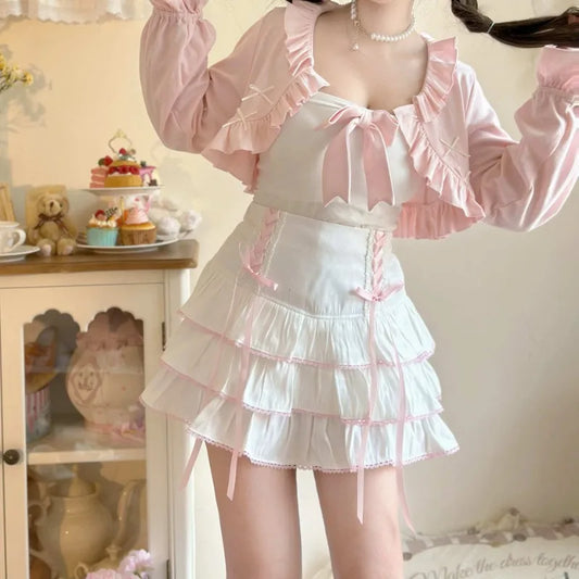 Japanese Harajuku Girls Kawaii Lace Pleated Skirts Women High Waist Bow Lace-up Fairy Y2k Aesthetic Cute Cake Mini Skirts