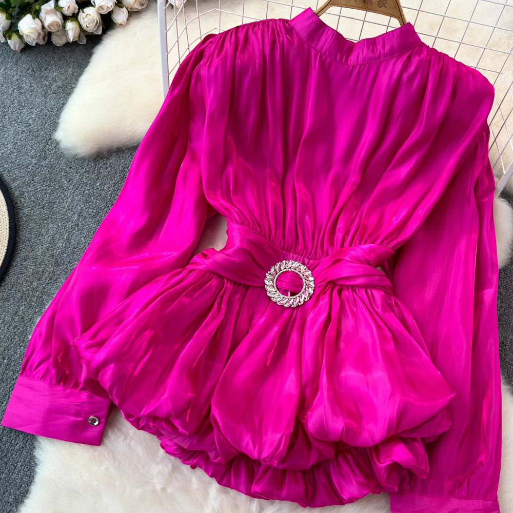 XFPV Sweet Blouse Long Sleeve Rose Pink Waist Tie Up Pleated Shirt Luxury Top For Women Korean Fashion Tide Summer 2024 SM11126