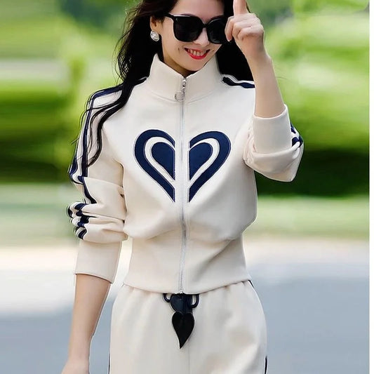 Women's 2024 Autumn Winter New Casual Sports Suit Stand Collar Zippered Sweater Coat Tops Wide Leg Pants Two Piece Set Plus Size