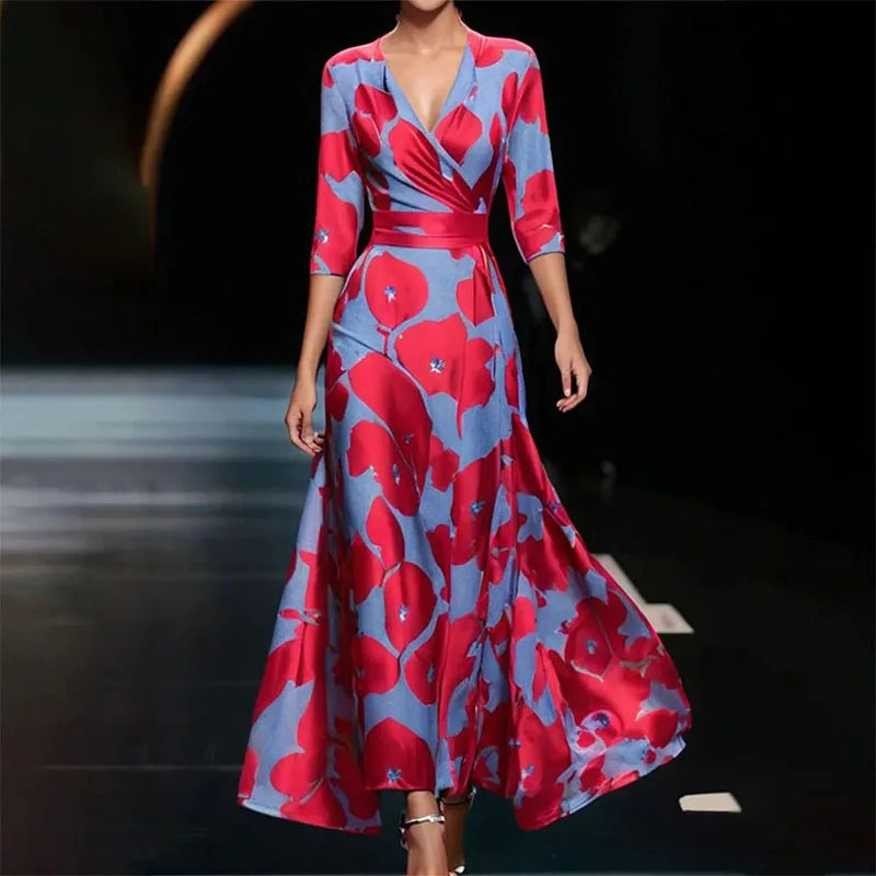 Vintage Dress Women 2024 Sexy Spring V Neck Printed Hem Boho Maxi Dress Elegant Fashion Half Sleeved Waist Cinching Party Dress