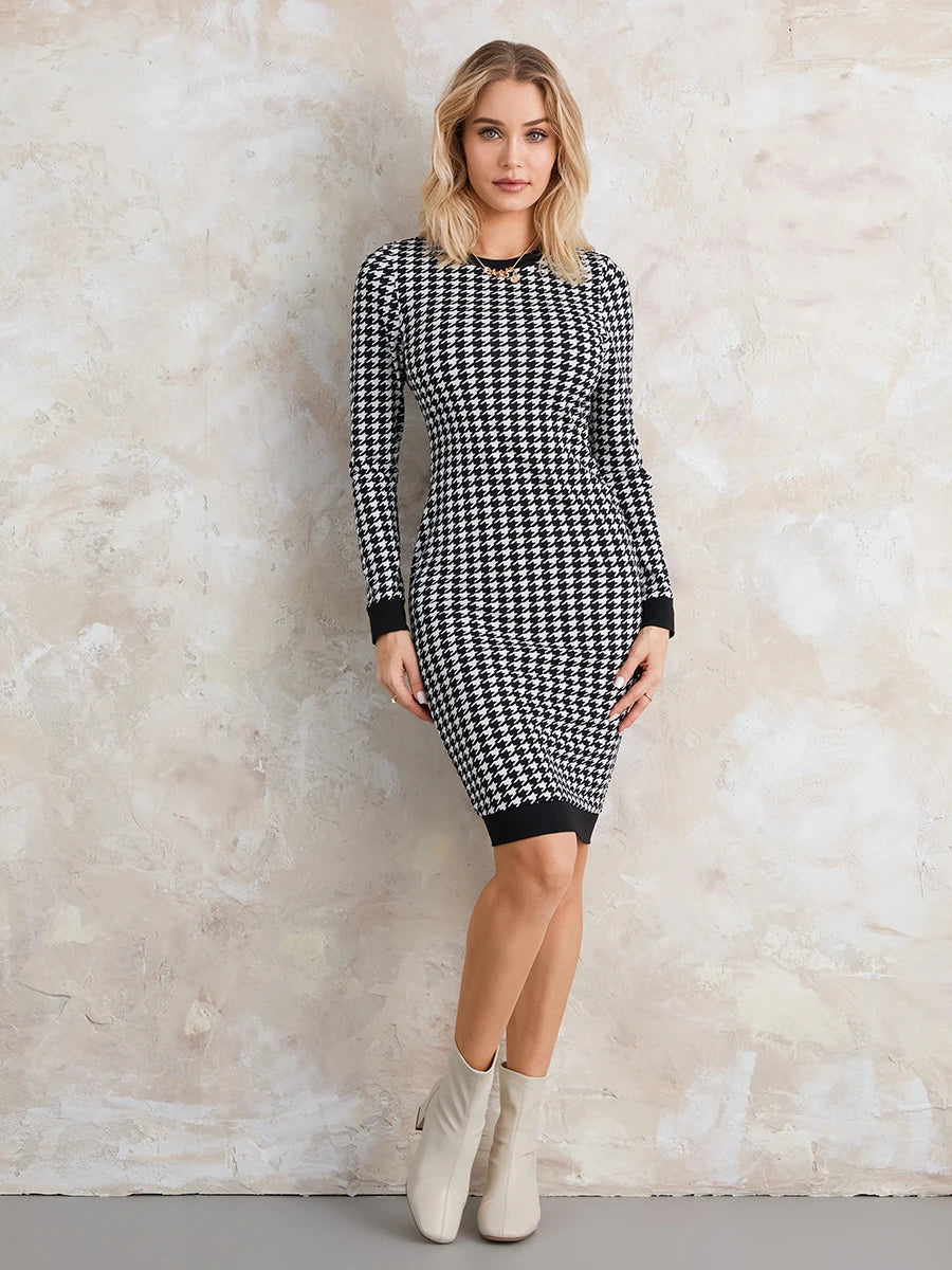 wsevypo Autumn Houndstooth Print Dress Women's Long Sleeve Round Neck Wrap Bodycon Dress Office Lady Hollow Out Back Vestidos