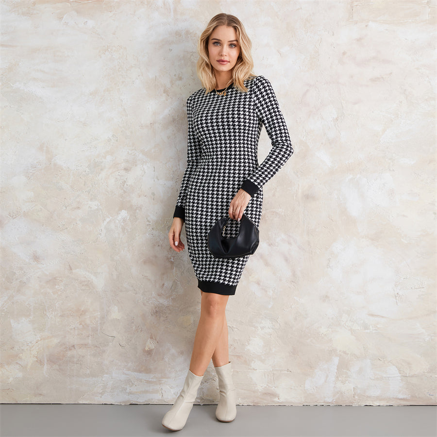 wsevypo Autumn Houndstooth Print Dress Women's Long Sleeve Round Neck Wrap Bodycon Dress Office Lady Hollow Out Back Vestidos