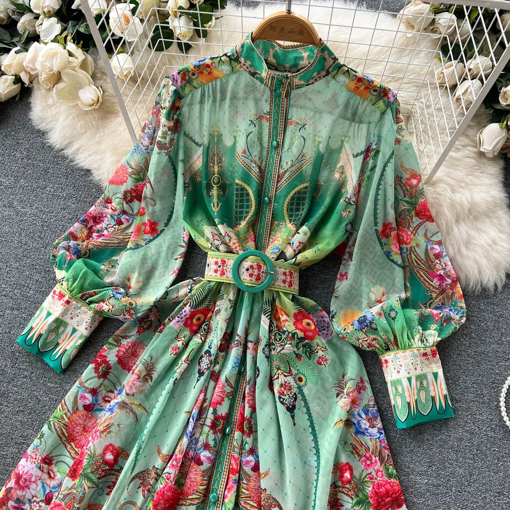 Spring Autumn Holiday Flower Chiffon Long Dress Women's Stand Collar Lantern Sleeve Floral Print Belt Long Party Robe Vestido