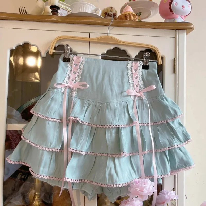 Japanese Harajuku Girls Kawaii Lace Pleated Skirts Women High Waist Bow Lace-up Fairy Y2k Aesthetic Cute Cake Mini Skirts