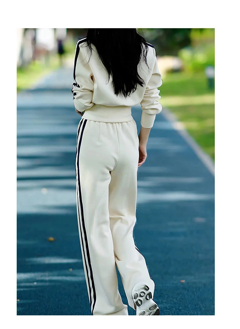 Women's 2024 Autumn Winter New Casual Sports Suit Stand Collar Zippered Sweater Coat Tops Wide Leg Pants Two Piece Set Plus Size