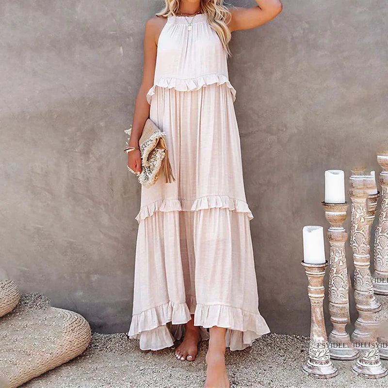 Women Casual Solid Ruffles Long Dress Summer Elegant Sleeveless Sundress Elegant Harajuku Maxi Dress Beach Party Evening Vestido