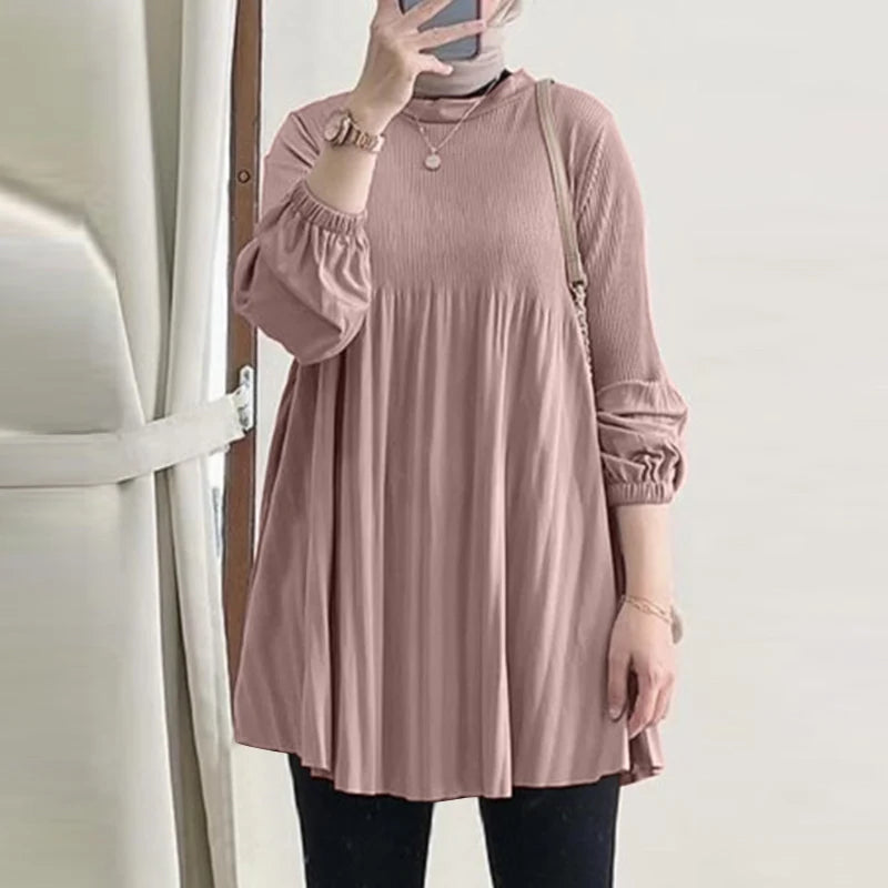 ZANZEA Muslim Islamic Pleated Long Blouses Women Autumn Long Sleeve O Neck Casual Blusas Mujer Fashion Solid Color Tunic Tops