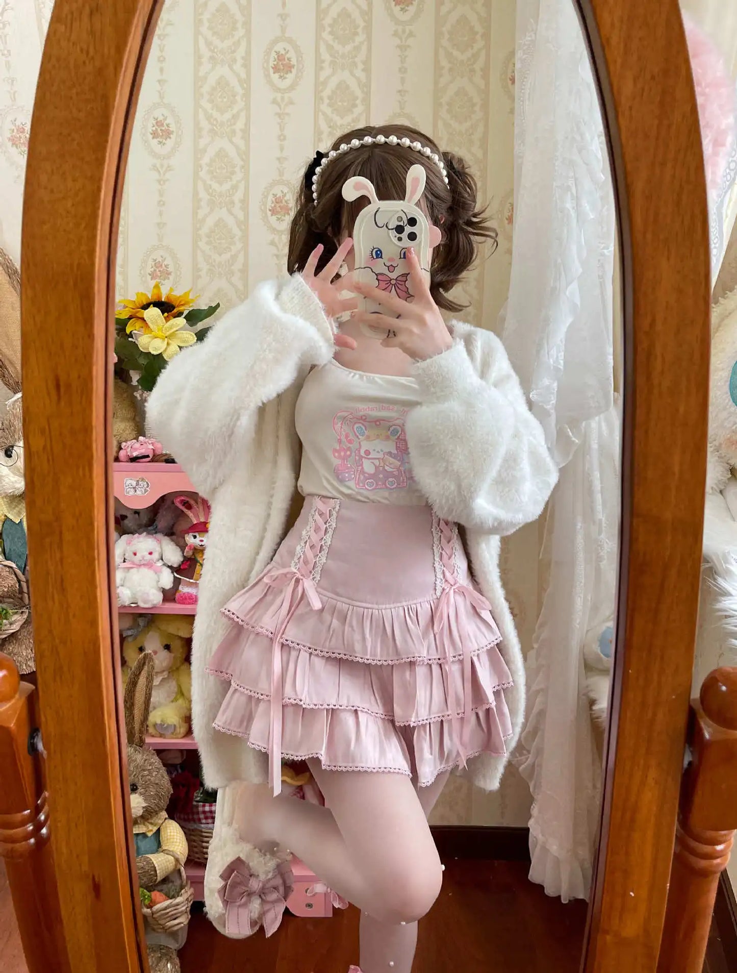 Japanese Harajuku Girls Kawaii Lace Pleated Skirts Women High Waist Bow Lace-up Fairy Y2k Aesthetic Cute Cake Mini Skirts