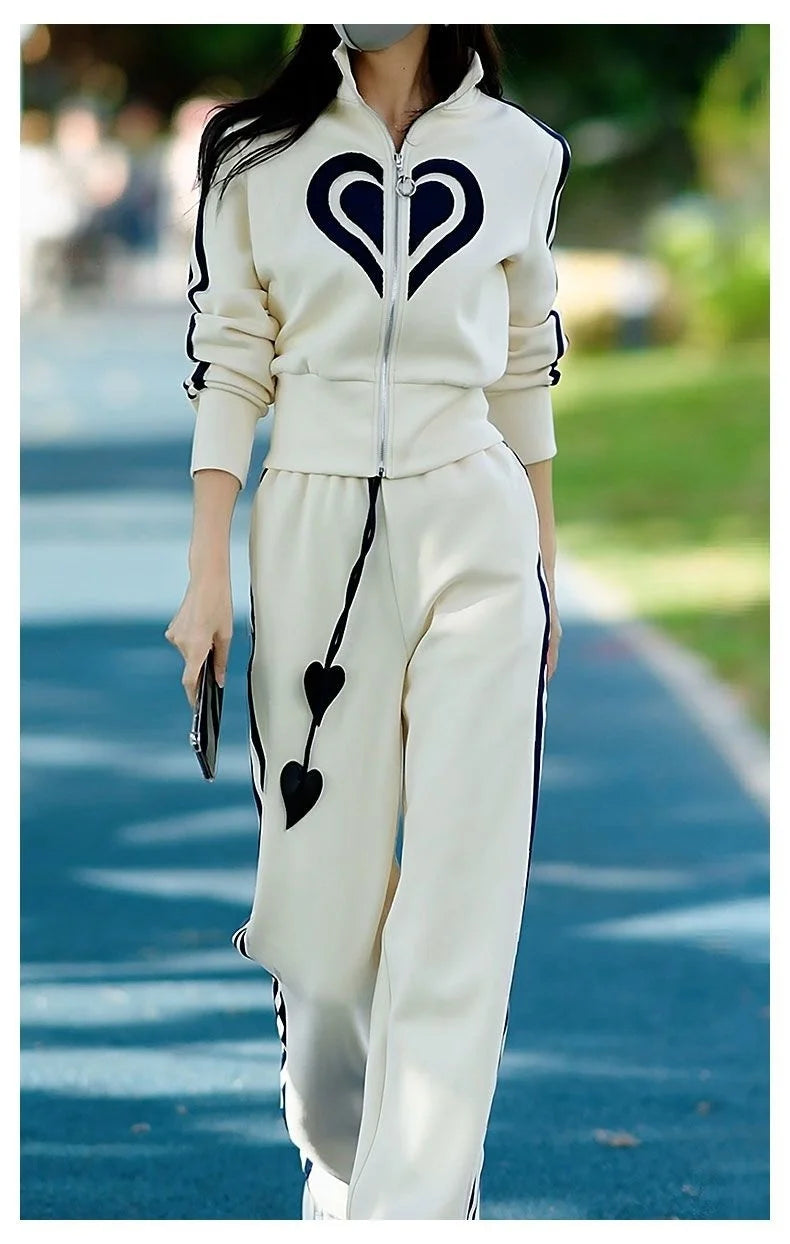 Women's 2024 Autumn Winter New Casual Sports Suit Stand Collar Zippered Sweater Coat Tops Wide Leg Pants Two Piece Set Plus Size