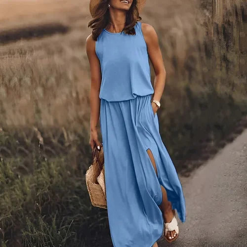 Customizable Casual Women Summer Party Long Dress Sleeveless Slit Dress Office Lady Fashion O-neck Off Shoulder Solid Dresses