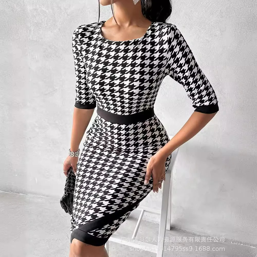 Women's Clothing New Houndstooth Printing Color Contrast Style Dress Midi Knee Length Office Half Sleeve Square Neck Dress