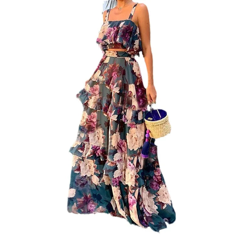 Women 2 pieces sets halter top cake skirt 2024 floral print new beach side holiday summer style woman suit vestidos GHH21283