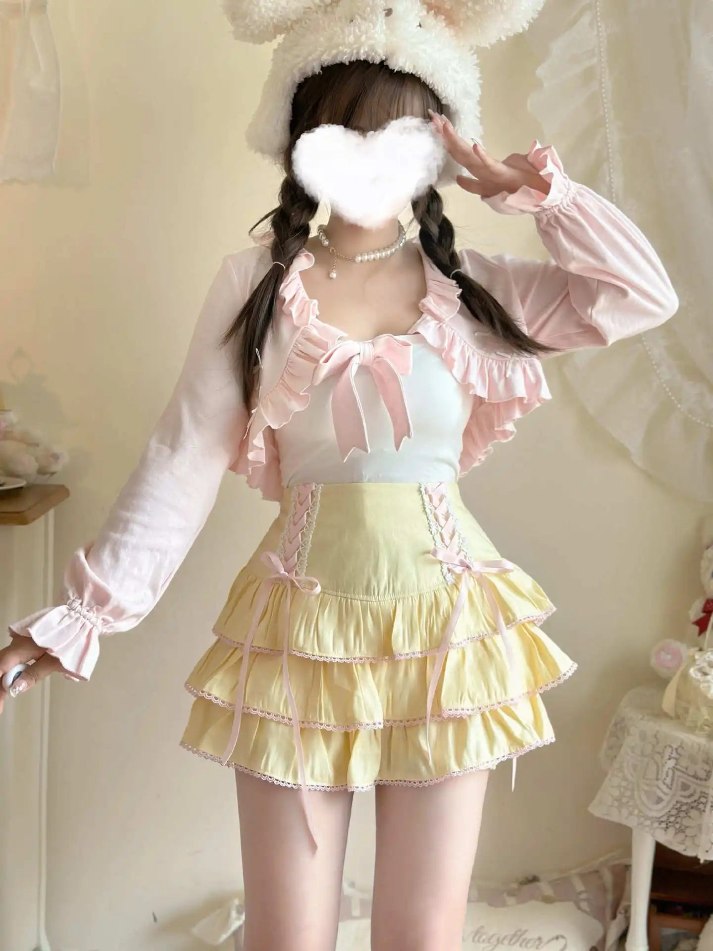 Japanese Harajuku Girls Kawaii Lace Pleated Skirts Women High Waist Bow Lace-up Fairy Y2k Aesthetic Cute Cake Mini Skirts