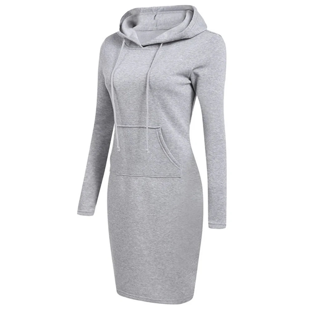 Fashion Women Vintage Hoodie Dress Autumn Winter Long Sleeve Casual Hooded Street Solid Pullover Office Ladies Female Dress