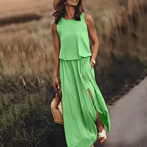 Customizable Casual Women Summer Party Long Dress Sleeveless Slit Dress Office Lady Fashion O-neck Off Shoulder Solid Dresses