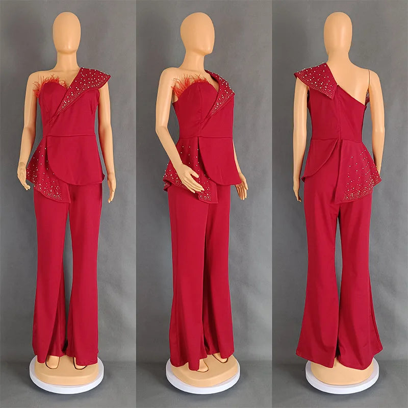 Elegant Jumpsuits for Women One Shoulder Sleeveless Beading Diamonds Wide Leg Pants One Piece Outfit Occasion Party Clothing