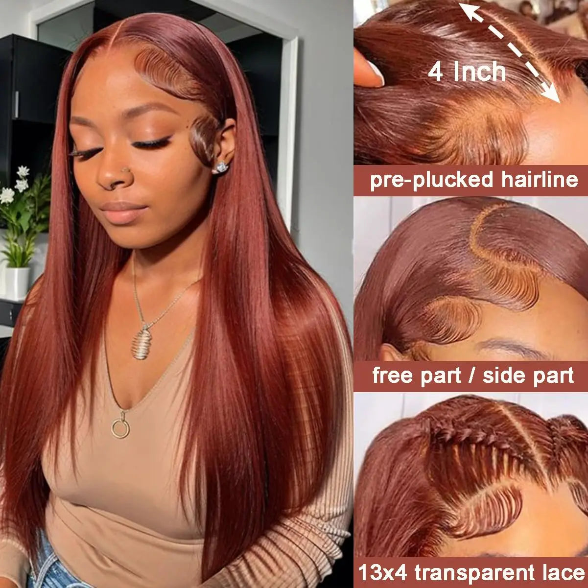 Reddish Brown Straight 13x6 HD Lace Frontal Human Hair Wig Pre Plucked 13x4 Lace Frontal Wigs Colored Brazilian 100% Human Wigs