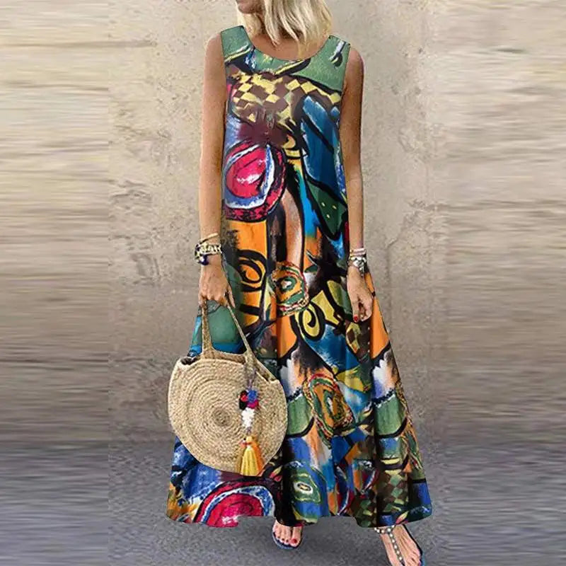 ZANZEA Bohemian Floral Printed Dress Women Vintage Sleeveless O Neck Beach Sundress Summer Femme Fashion Vestido Robe Sarafans