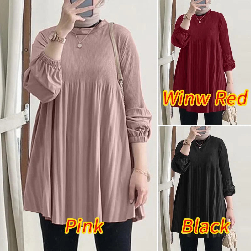 ZANZEA Muslim Islamic Pleated Long Blouses Women Autumn Long Sleeve O Neck Casual Blusas Mujer Fashion Solid Color Tunic Tops