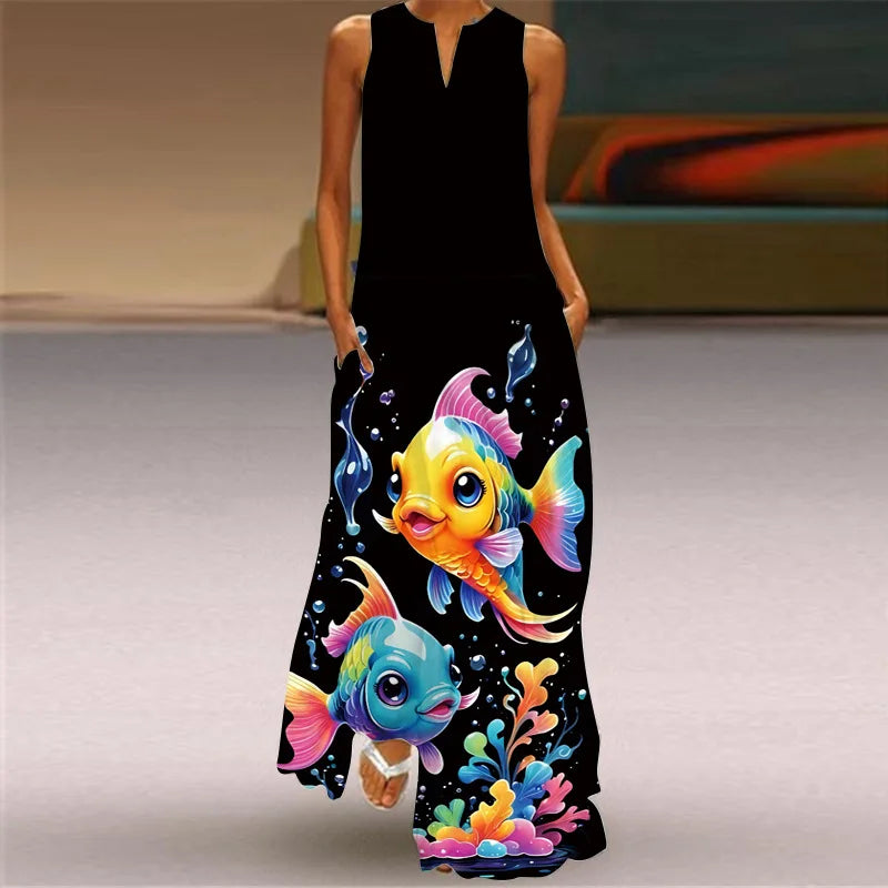 Summer Women's Artistic Retro Sleeveless V-neck Pullover Print Sexy Dress Long Skirt Women's Loose Waist Oversized Swing Skirt